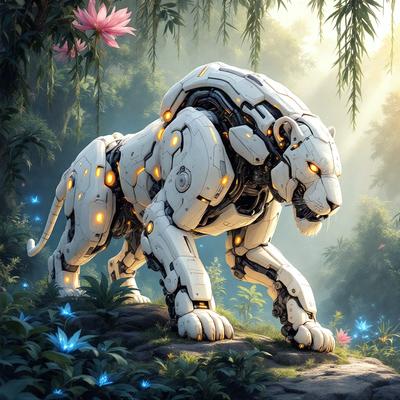Primary subject: A white robot lion with glowing eyes and a mechanical face.

Setting/background: The robot lion is standing on a rock in a forest with a flower background.

Visual style: The image is a digital art illustration.

Colors and mood: The image has a vibrant and futuristic mood, with the white robot lion as the main focus.